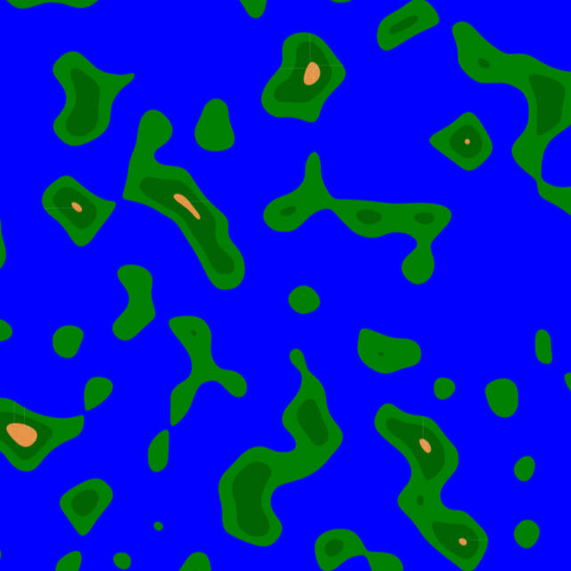 A topographic-style map image showing irregular green landmasses and small brown peaks scattered across a blue background, resembling islands and water.